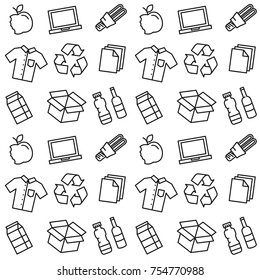 Recycle things vector illustration. Recyclable goods (clothes, lamp, cardboard box, electronics, bottles, food, paper, packaging) line art pattern with recycle sign on the background.