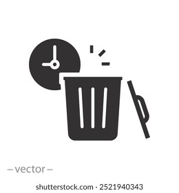 recycle time, hour cleaning, trash bin with clock, icon, waste, flat vector illustration