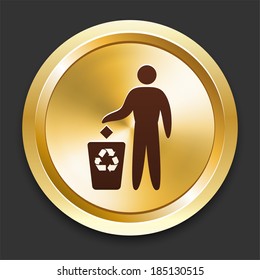 Recycle with Trash Bin Icons on Gold Button Collection