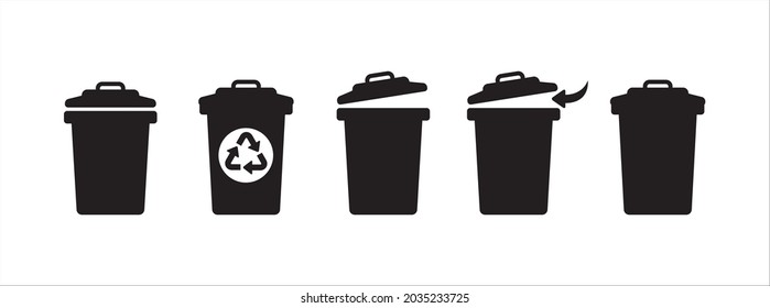 Recycle Trash Bin With Its Lid Icon Set. Open Trash Bin Vector Sign.