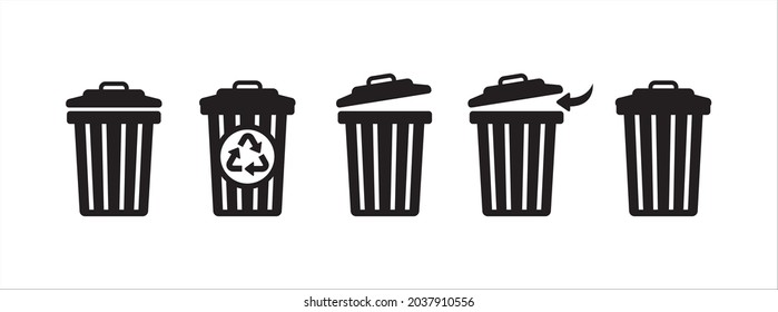 Recycle trash bin with its lid icon set. Open trash bin vector sign. Closed trash bin graphic.
