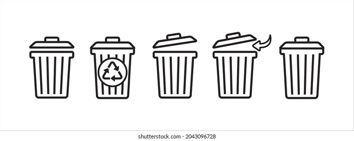 Reciclar papelera con su conjunto de iconos de tapa. Abrir signo vectorial de la papelera.