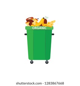 Recycle trash bin for organic garbage in flat style isolated on white background. Vector illustration of green dumpster full of food waste for separating and sorting rubbish concept.