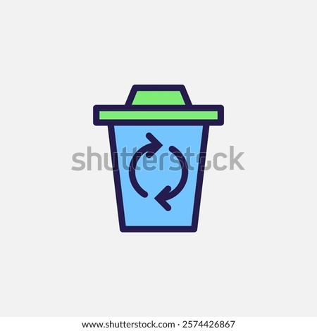 Recycle Trash can icon flat, free energy, ecology, renewable and green energy concept. Outline and filled colourful icon.