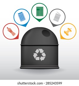 Recycle trash container with garbage icons, vector set