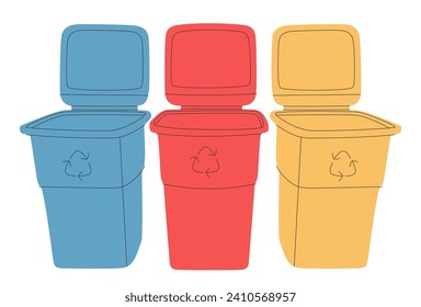 Reciclar contenedores de basura con iconos de basura, conjunto de vectores. Cubos de basura para reciclar diferentes tipos de desechos. Basura clasificada por plástico, orgánico, basura electrónica, metal, vidrio, papel.