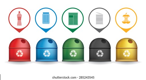 Recycle trash containers with garbage icons, vector set