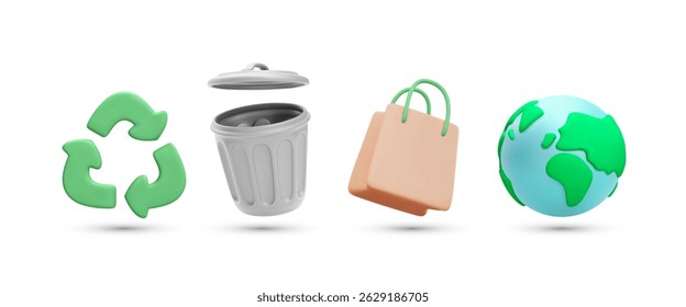 Reciclar, Lixo, Terra e Eco Bag Ícones 3D para Sustentabilidade, Zero Waste, e Conceitos de Consciência Ambiental. Ilustração de vetor brilhante, limpa e moderna.