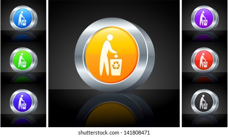 Recycle Trash Icon on 3D Button with Metallic Rim Original Illustration 