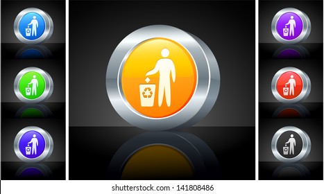 Recycle Trash Icon on 3D Button with Metallic Rim Original Illustration 