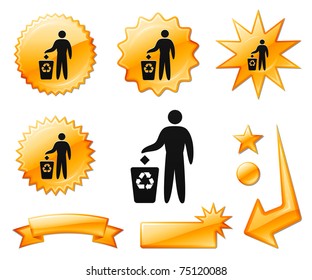 Recycle Trash Icon on Orange Burst Banners and Medals Original Vector Illustration