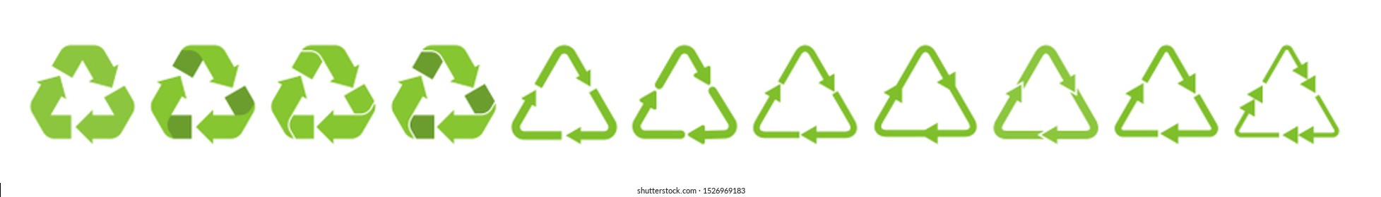 Recycle Triangle Arrow Symbols Set Vector Illustration. Green Solid Pictograms Of Reuse Or Recycling Process, Arrow Cycle In Triangle Shape Isolated On White Background For Enviromental Infographic