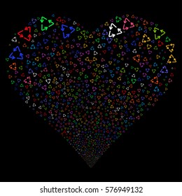 Recycle Triangle fireworks with heart shape. Vector illustration style is flat bright multicolored iconic symbols on a black background. Object love heart constructed from confetti pictographs.