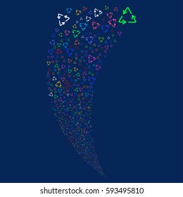 Recycle Triangle random fireworks stream. Vector illustration style is flat bright multicolored iconic symbols on a blue background. Object fountain done from scattered symbols.