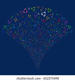 Recycle Triangle salute stream. Vector illustration style is flat bright multicolored iconic symbols on a blue background. Object stream fountain created from random symbols.