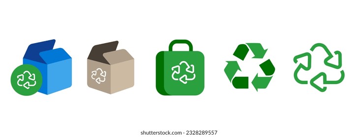 Recycle triangle symbol recycled product packaging shopping bag cardboard box icon set collection