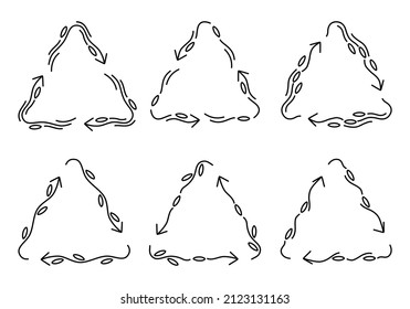 Recycle triangle thin line floral icons with vines and leaves isolated on white background. Eco friendly recycling sign for product labeling, goods and packaging marking. Vector illustration. Set.