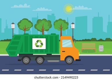 Recycle truck vector concept. Garbage truck with recycle symbol moving on the road