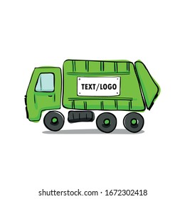 Recycle truck vector illustration. Garbage collector in hand drawn cartoon style with the place for logo or text. Cargo vehicle for collecting recyclables.