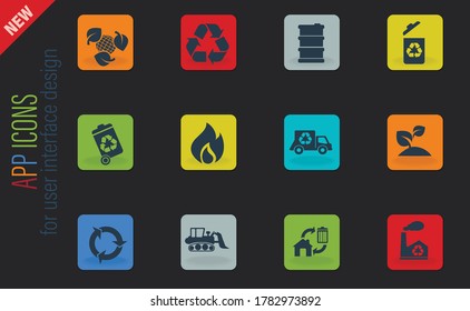 Reciclar iconos web de color vectorial en fondo oscuro para el diseño de la interfaz de usuario