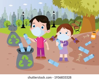 Recycle vector concept: Children cartoon in face mask cleaning plastic garbage at the park