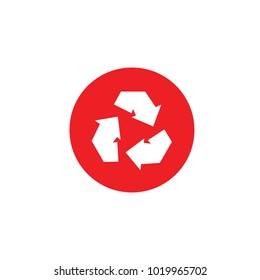 Recycle vector icon with arrows rotating in red circle white background