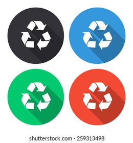 Recycle vector icon - colored(gray, blue, green, red) round buttons with long shadow