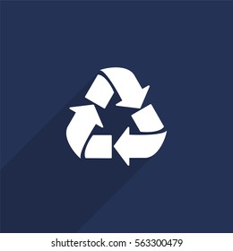 Recycle vector icon with long shadow isolated on  blue