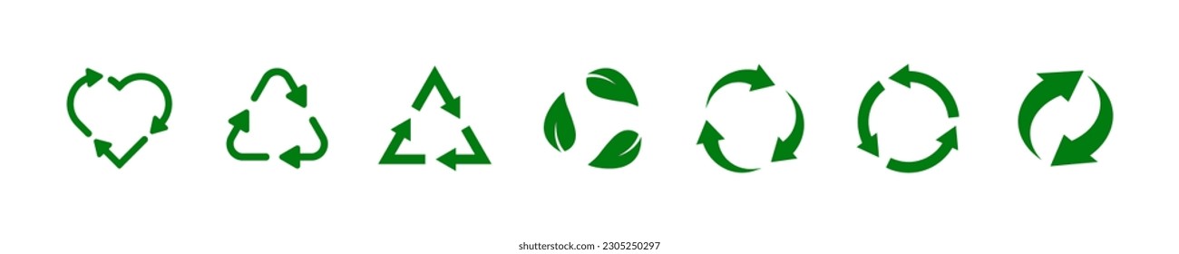 Recycle vector icon.  Recycled signs. Arrows, heart and leaf recycle eco green symbol. vector illustration