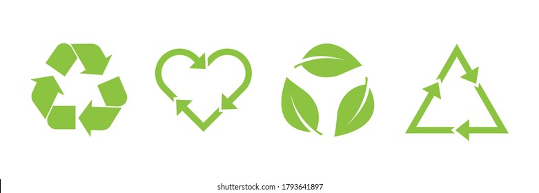 Recycle vector icon set. Arrows, heart and leaf recycle eco green symbol. Rounded angles. Recycled signs illustration isolated on white background.