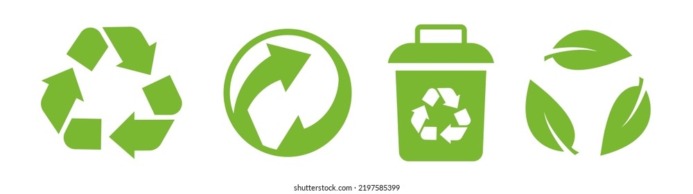 Recycle vector icon set. Arrows, trash can and leaf recycle eco green symbol. Rounded angles. Recycled signs illustration isolated on white background.