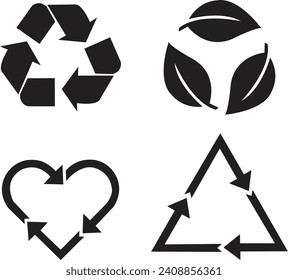 Recycle vector icon set. Arrows, heart and leaf recycle eco green symbol. Rounded angles. Recycled signs illustration bl;ack color