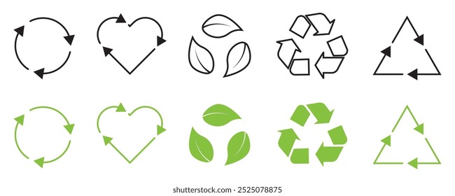 Recycle Vector Icon Set - Arrows, Heart, and Leaf Recycle Symbols