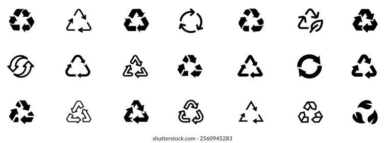 Recycle vector icon set. Arrows, heart and leaf recycle eco green symbol. Rounded angles. Recycled signs illustration isolated on white background. Recycling arrow ecofriendly. Vector Illustration. 