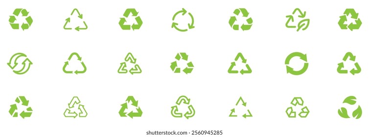 Recycle vector icon set. Arrows, heart and leaf recycle eco green symbol. Rounded angles. Recycled signs illustration isolated on white background. Recycling arrow ecofriendly. Vector Illustration. 