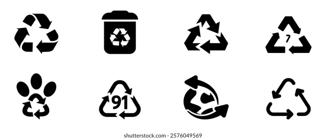 Recycle vector icon set. Arrows, heart and leaf recycle eco green symbol. Rounded angles. Recycled signs illustration isolated on white background. Recycling arrow ecofriendly. Vector Illustration. 