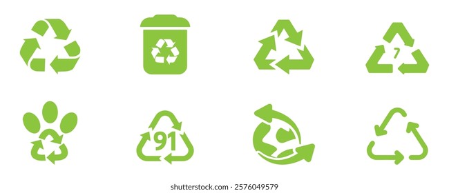 Recycle vector icon set. Arrows, heart and leaf recycle eco green symbol. Rounded angles. Recycled signs illustration isolated on white background. Recycling arrow ecofriendly. Vector Illustration. 