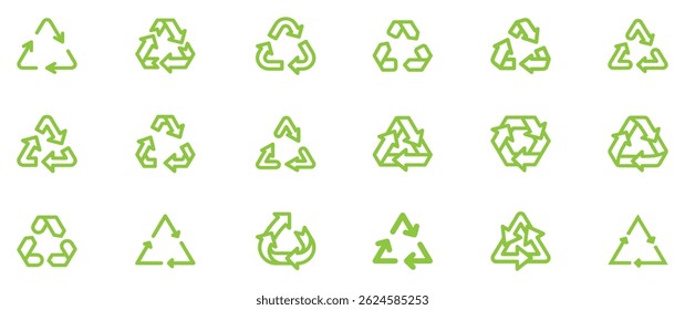 Recycle vector icon set. Arrows, heart and leaf recycle eco green symbol. Rounded angles. Recycled signs illustration isolated on white background. Recycling arrow ecofriendly. Vector Illustration. 