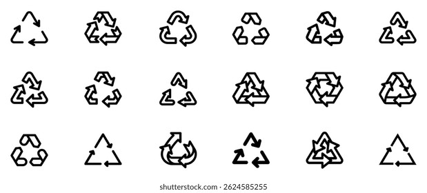 Recycle vector icon set. Arrows, heart and leaf recycle eco green symbol. Rounded angles. Recycled signs illustration isolated on white background. Recycling arrow ecofriendly. Vector Illustration. 