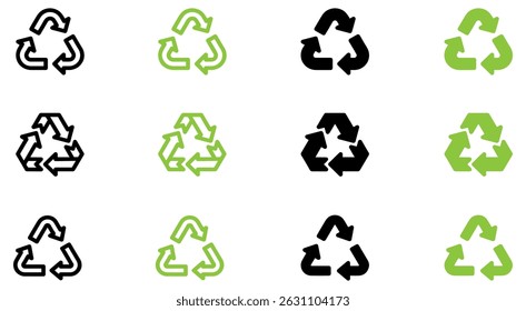 Recycle vector icon set. Arrows, recycle eco green symbol. Rounded angles. Recycled signs illustration isolated on white background. Recycling arrow ecofriendly. Vector Illustration. 