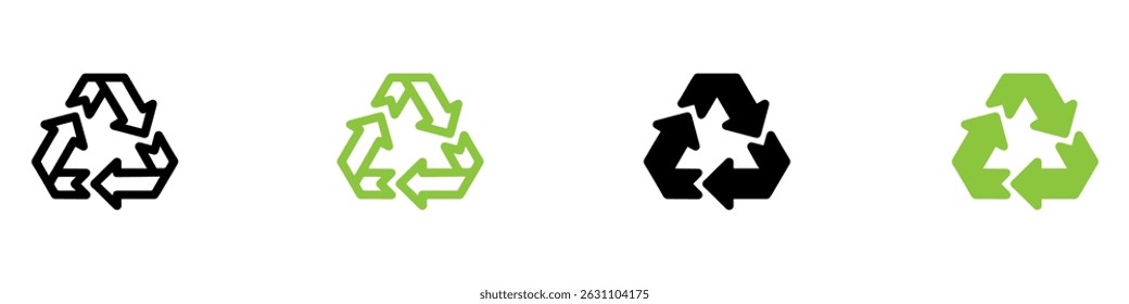Recycle vector icon set. Arrows, recycle eco green symbol. Rounded angles. Recycled signs illustration isolated on white background. Recycling arrow ecofriendly. Vector Illustration. 