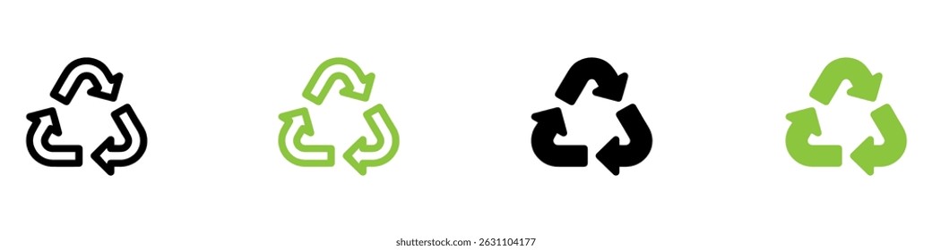 Recycle vector icon set. Arrows, recycle eco green symbol. Rounded angles. Recycled signs illustration isolated on white background. Recycling arrow ecofriendly. Vector Illustration. 
