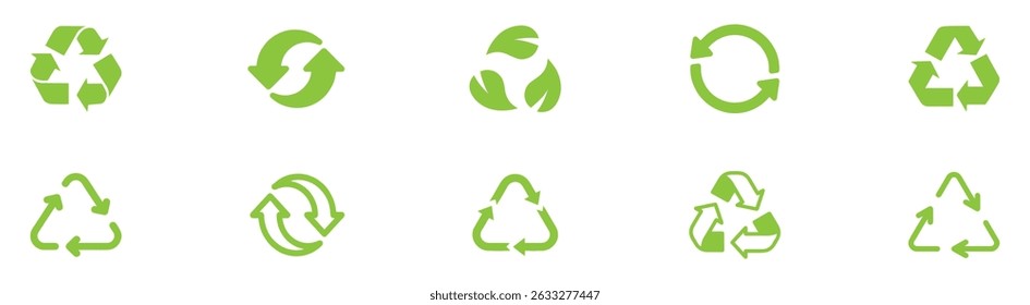 Recycle vector icon set. Arrows, heart and leaf recycle eco green symbol. Rounded angles. Recycled signs illustration isolated on white background. Recycling arrow ecofriendly. Vector Illustration. 