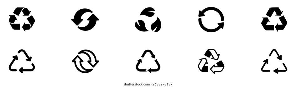 Recycle vector icon set. Arrows, heart and leaf recycle eco black symbol. Rounded angles. Recycled signs illustration isolated on white background. Recycling arrow ecofriendly. Vector Illustration. 