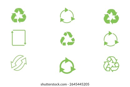 Recycle vector icon set. Arrows, heart and leaf recycle eco green symbol. Rounded angles. Recycled signs illustration isolated on white background. Vector Illustration