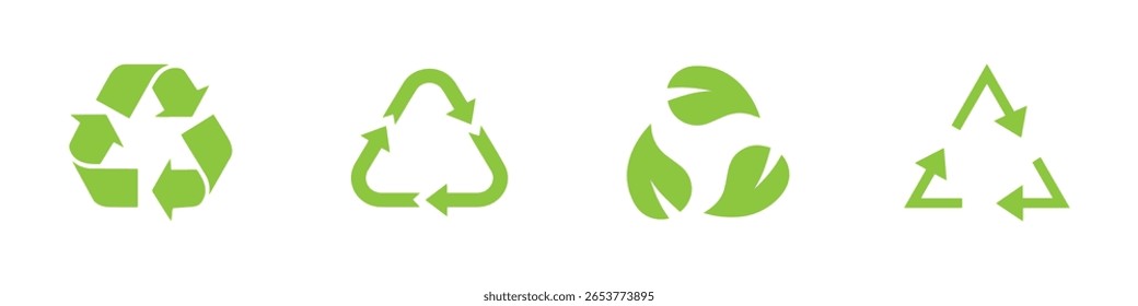 Conjunto de ícones do vetor de reciclagem. Setas, coração e folha reciclam eco símbolo verde. Ângulos arredondados. Ilustração de sinais reciclados isolada no fundo branco. Seta de reciclagem ecológica. Ilustração de vetor. 