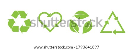 Recycle vector icon set. Arrows, heart and leaf recycle eco green symbol. Rounded angles. Recycled signs illustration isolated on white background.