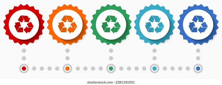Recycle vector icon set, colorful infographic template, set of flat design badge icons in 5 color options