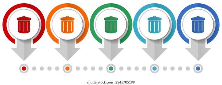 Recycle vector icon set, flat design infographic template, set pointer concept icons in 5 color options for webdesign and mobile applications