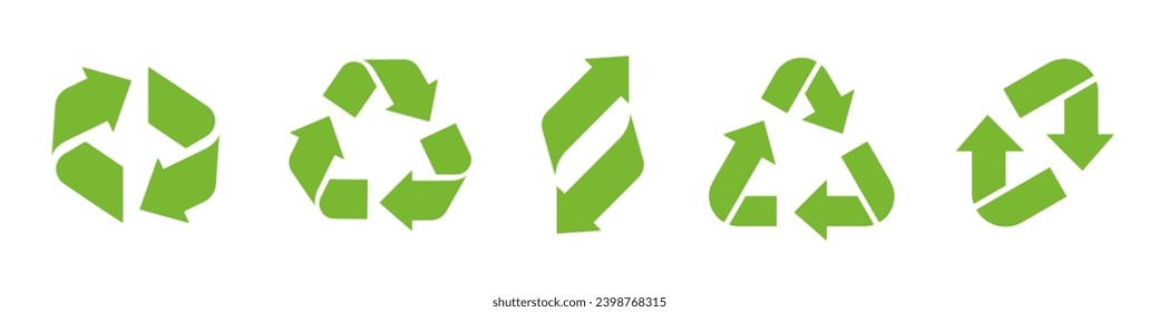 Recycle vector icon set. Reuse cycle symbol. Recycle eco green arrows, heart and leaf. Rounded angles. Recycled signs isolated on white background.